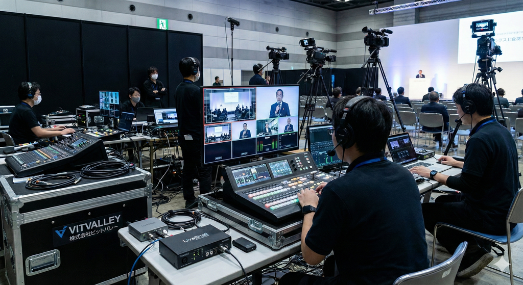 Gemini_Generated_Image_i337hpi337hpi337 | 北海道札幌市|LEDビジョン・デジタルサイネージの販売|映像・音響技術と配信の会社|株式会社ビットバレー 株式会社ビットバレーによる大規模イベント会場でのライブ配信・ハイブリッド配信のオペレーション風景。専門スタッフによるスイッチングと配信管理の様子