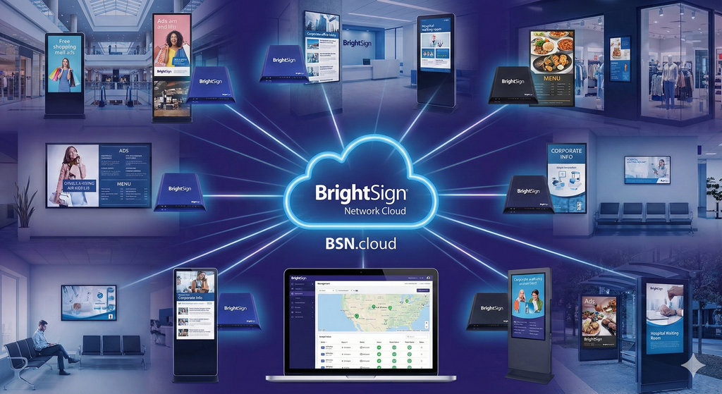Gemini_Generated_Image_tyb1tetyb1tetyb1 | 北海道札幌市|LEDビジョン・デジタルサイネージの販売|映像・音響技術と配信の会社|株式会社ビットバレー 株式会社ビットバレーが販売しているBrightSignを活用したクラウド型デジタルサイネージネットワークの構築イメージ。複数拠点のディスプレイを一括管理・配信するシステム構成